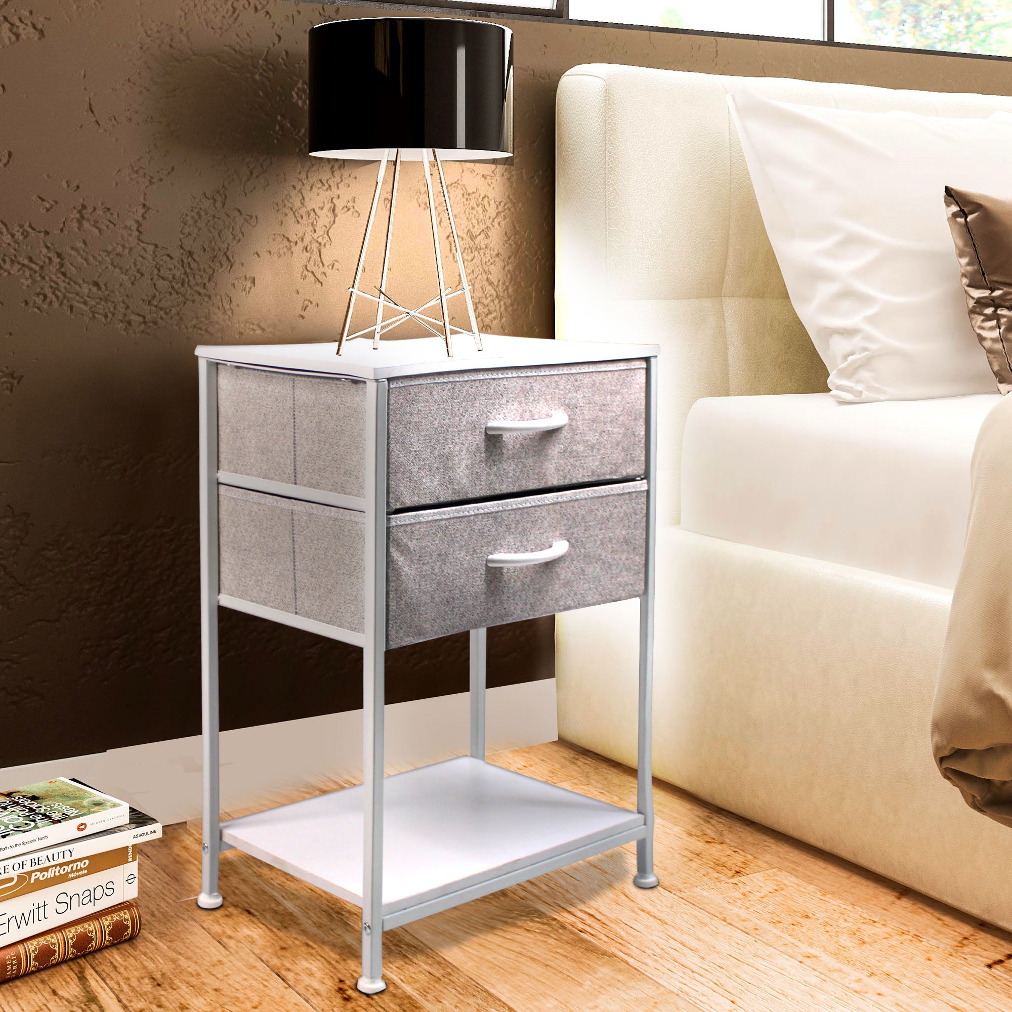LMA Branded Economical Metal & Fabric - 2 Drawer Bedside Cabinet WHT/GRY