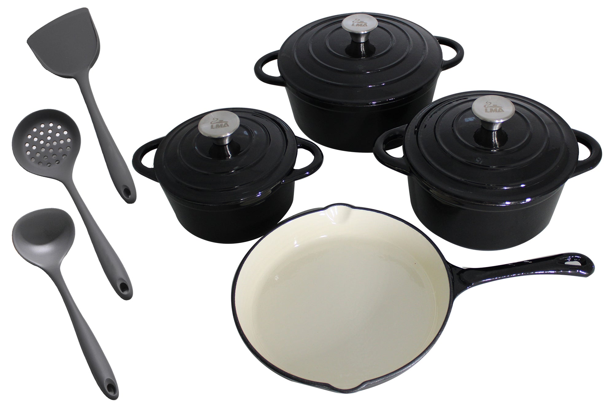 LMA Branded - 10 Piece Cast-Iron Cookware Pots & Silicone Kitchen Utensil Set