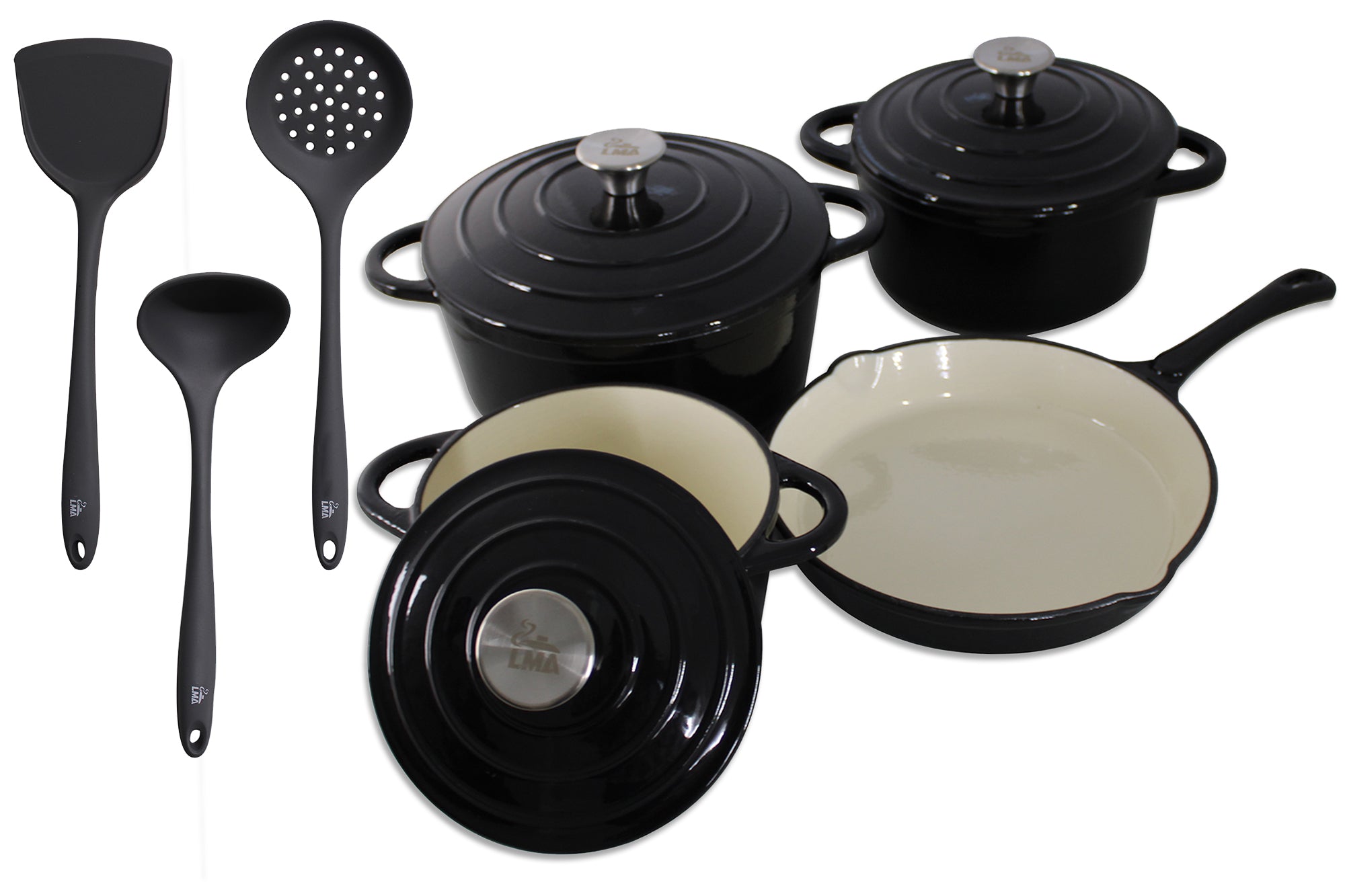 LMA Branded - 10 Piece Cast-Iron Cookware Pots & Silicone Kitchen Utensil Set
