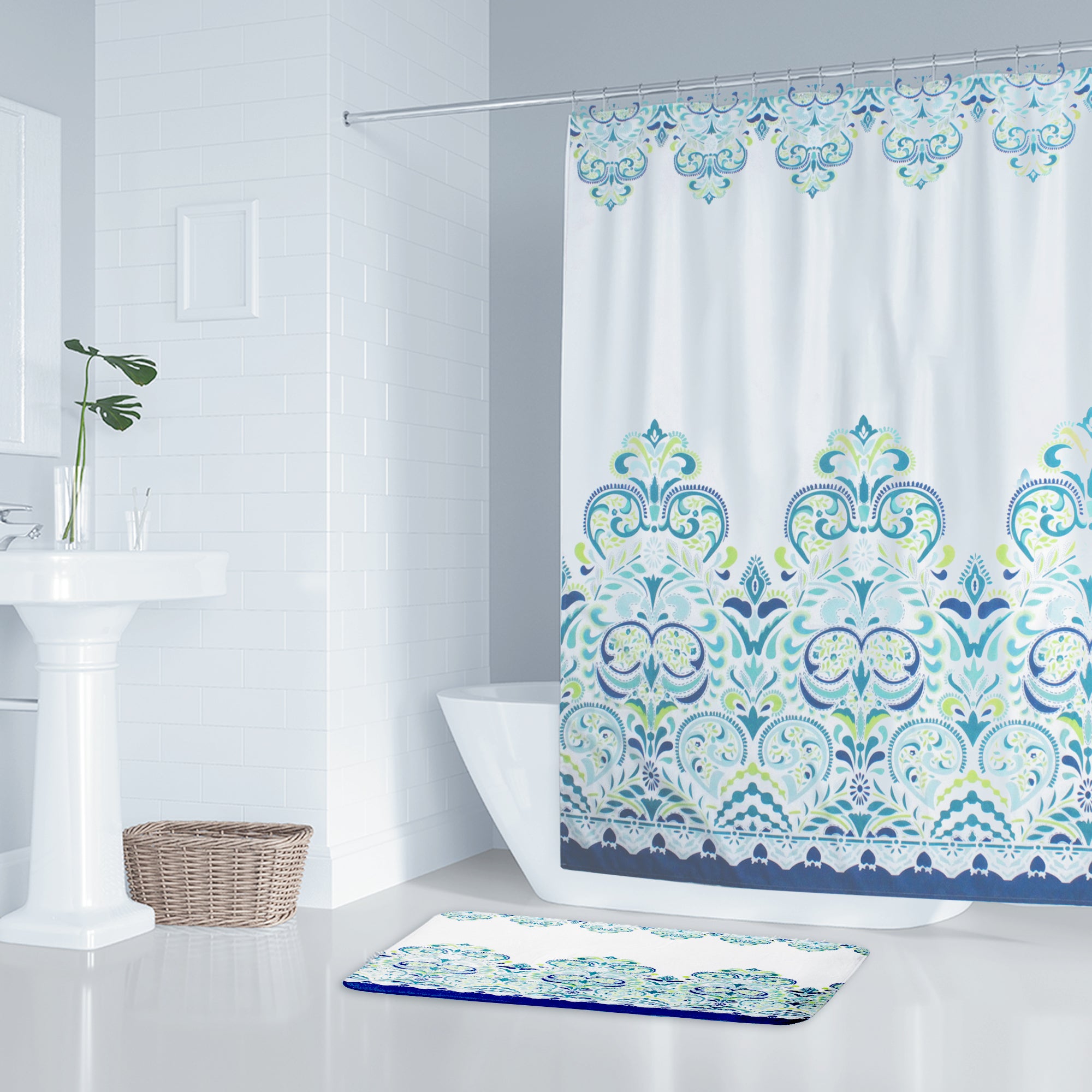 LMA 180cm Pattern Fabric Shower Curtain & 3 Piece Toilet Cover & Mat Set
