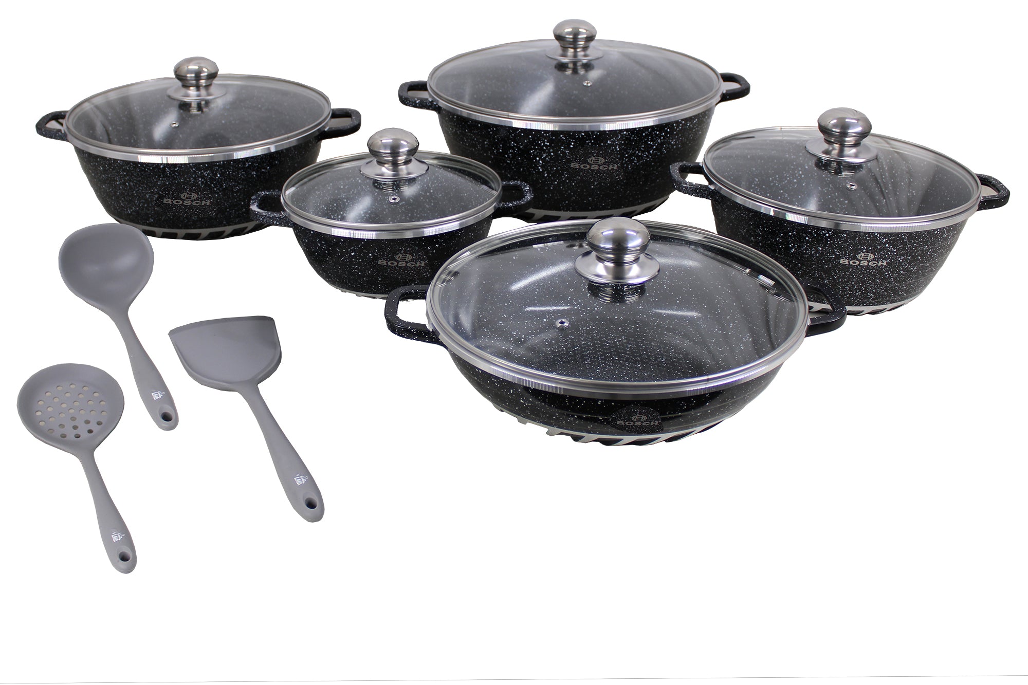 10 Pieces Bosch Die Cast Aluminium Granite Non Stick Cookware Set & 3 Utensils
