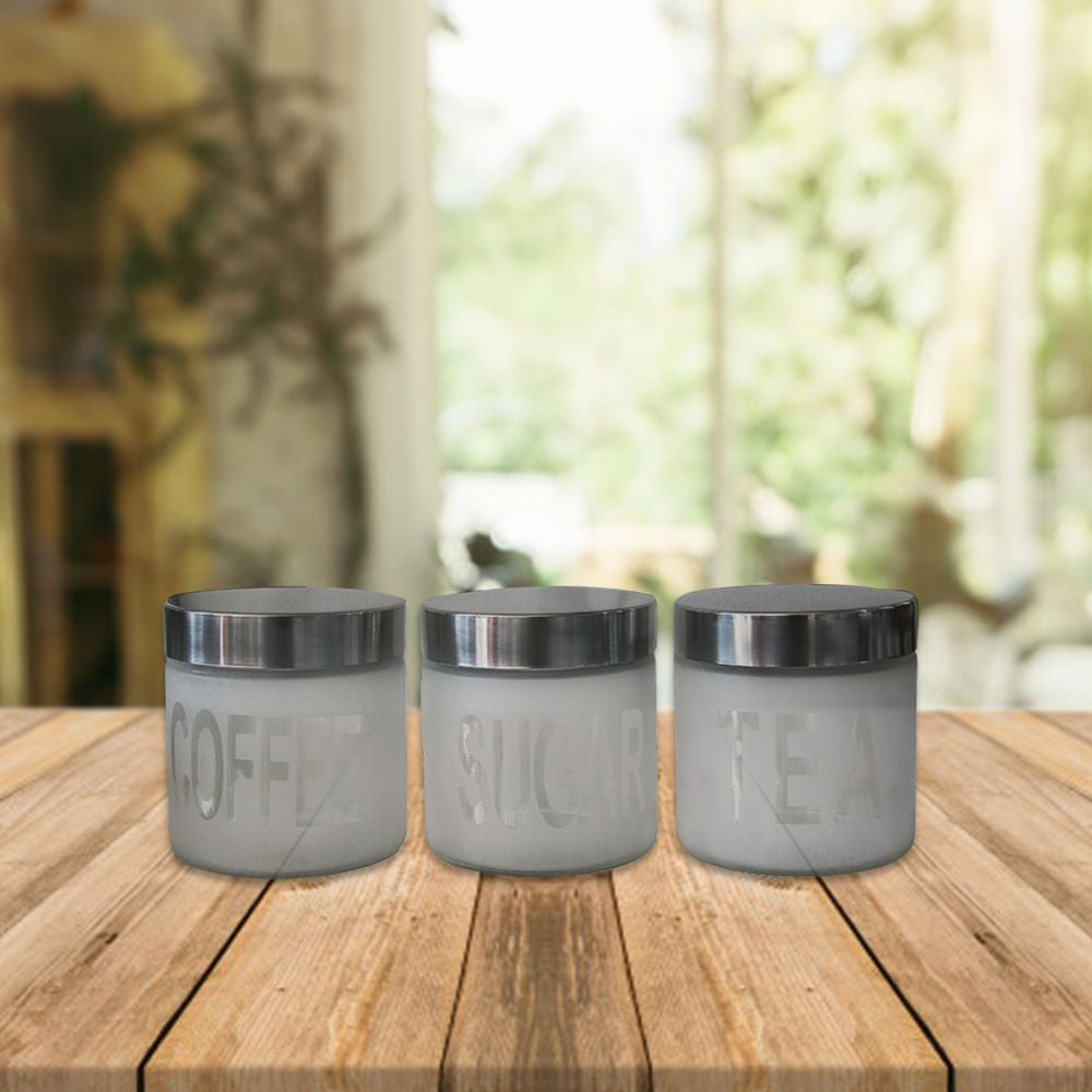 3 Piece Frosted Glass Canister Jar Set with Stainless Steel Lid