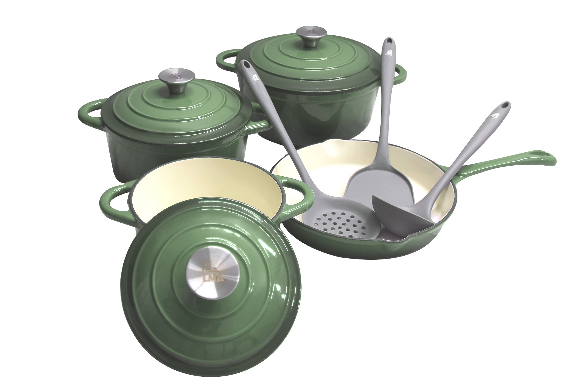 LMA Branded - 10 Piece Cast-Iron Cookware Pots & Silicone Kitchen Utensil Set