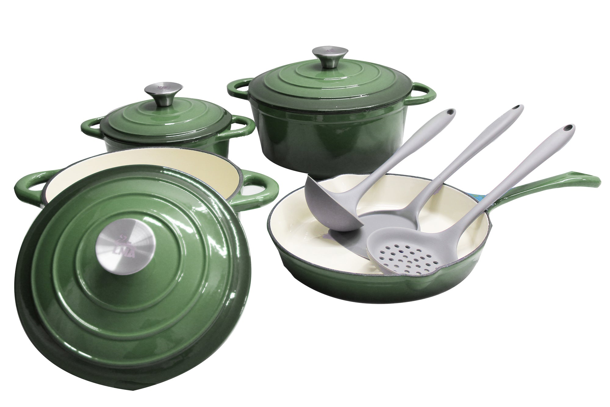 LMA Branded - 10 Piece Cast-Iron Cookware Pots & Silicone Kitchen Utensil Set