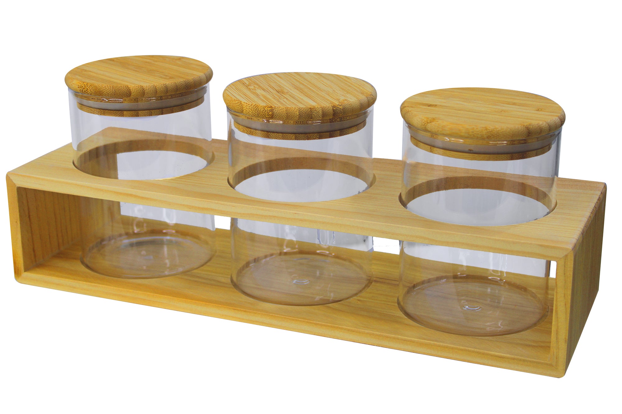 4 Piece 800ml Glass Jar Spice Set with Bamboo Lids & Wooden Holder - Round
