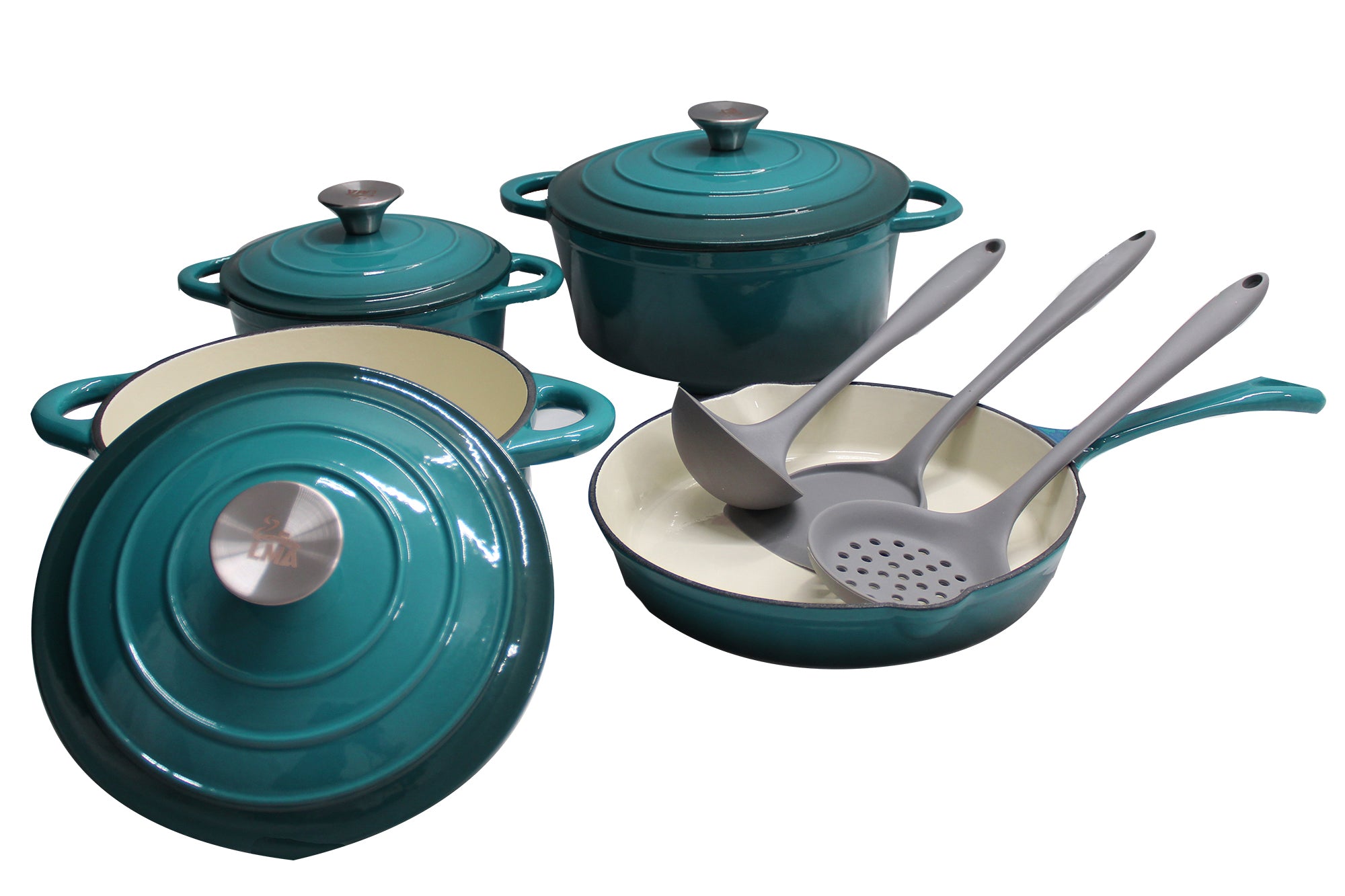 LMA Branded - 10 Piece Cast-Iron Cookware Pots & Silicone Kitchen Utensil Set