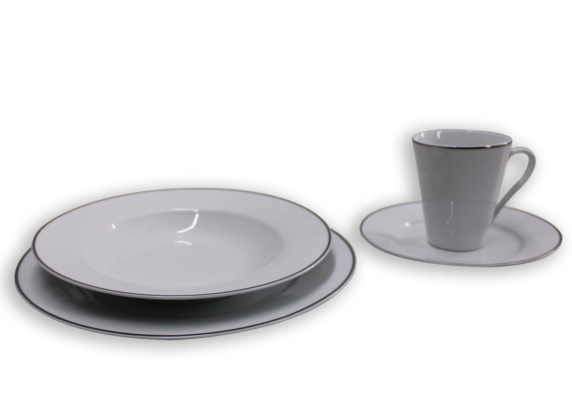 16 Piece White Ceramic Dinnerware Set with Silver Trim