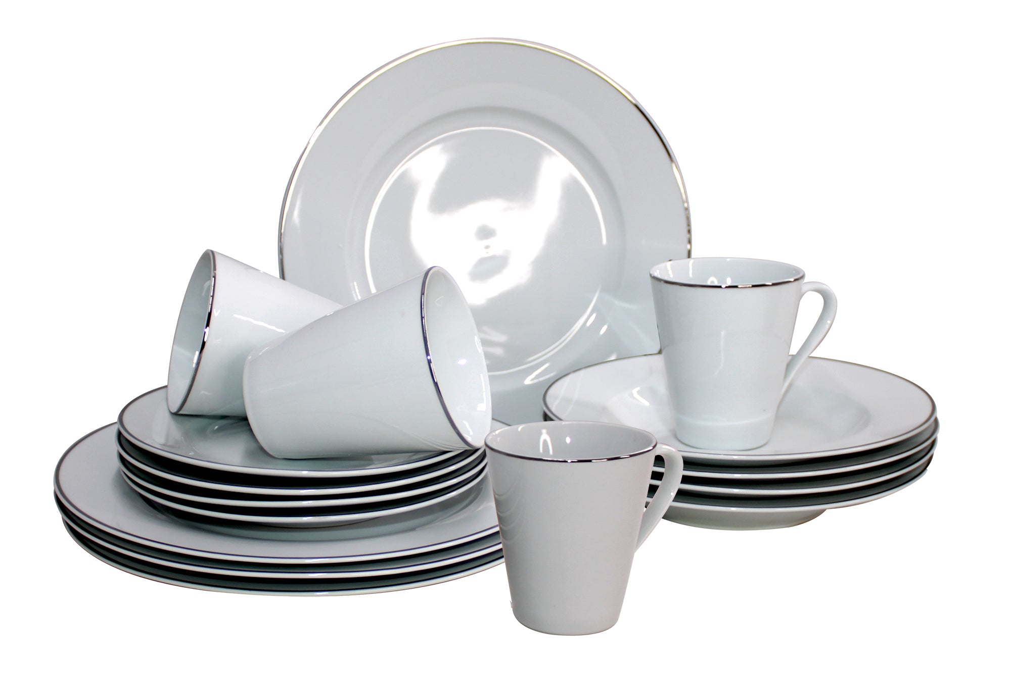16 Piece White Ceramic Dinnerware Set with Silver Trim
