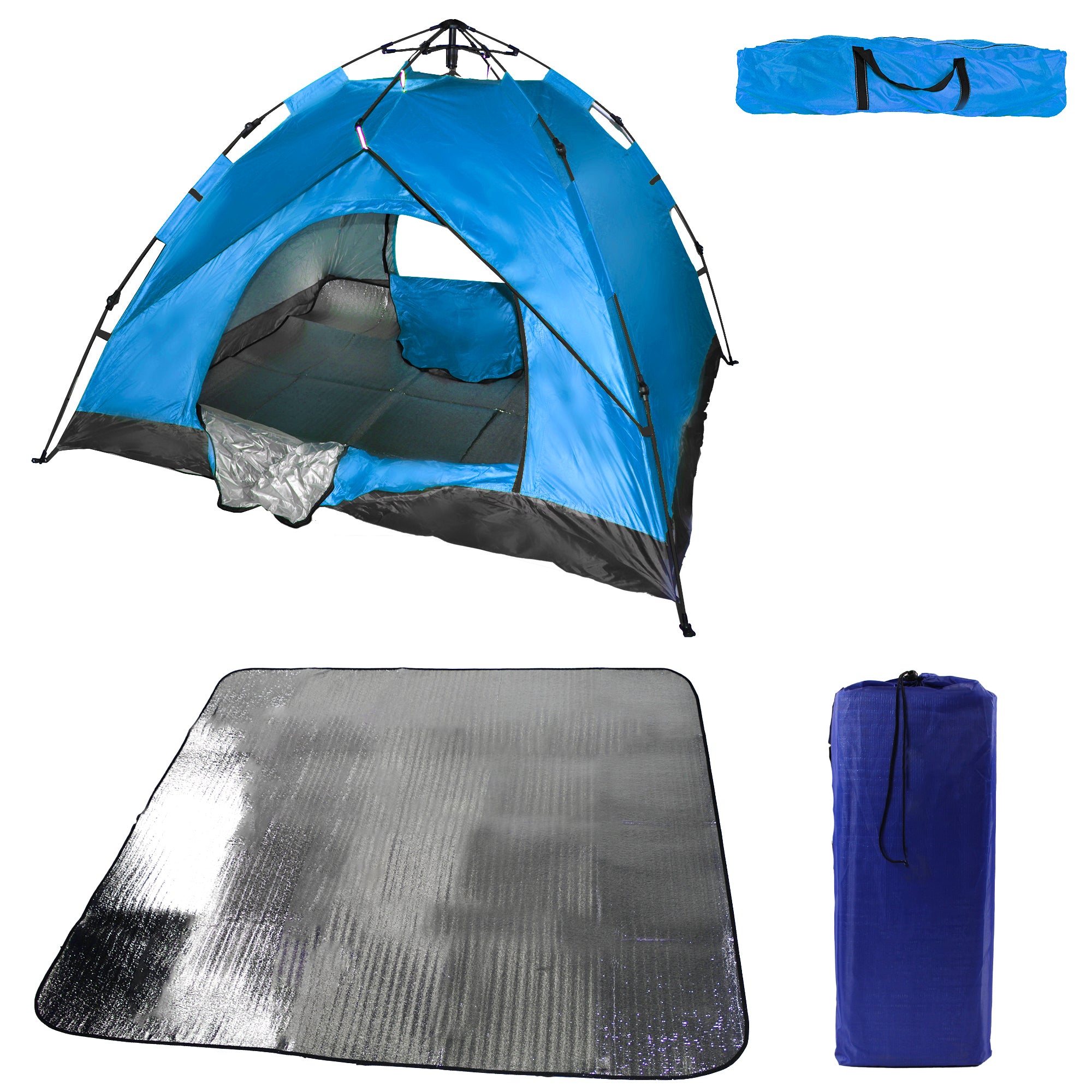 200x200cm Waterproof 3 Man Instant Tent & 190X190cm Foil & Foam Camping Mat