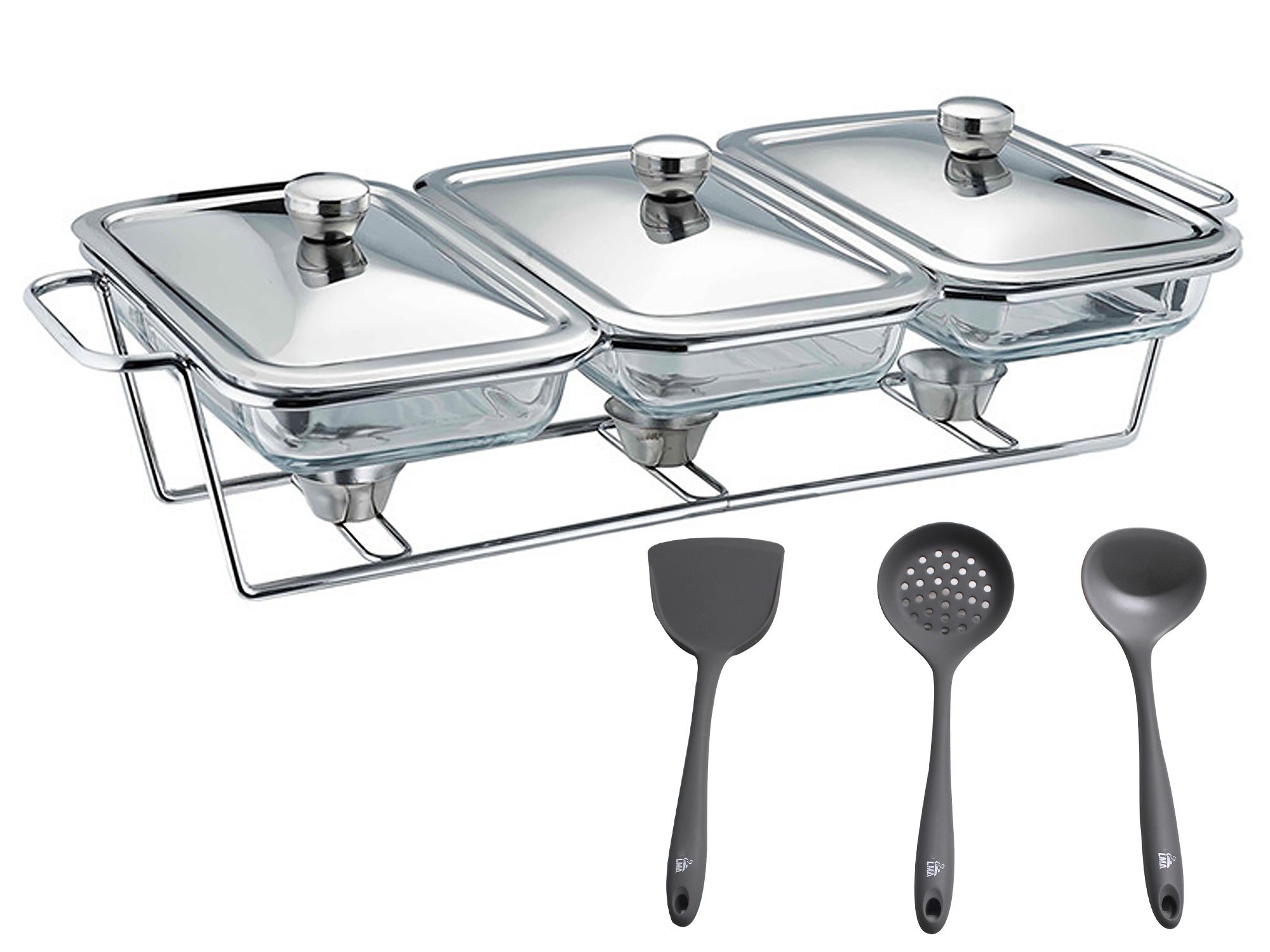 4.5 Liter Triple Pan Glass Chafing Dish with Metal Frame Lids & Silicon Utensils