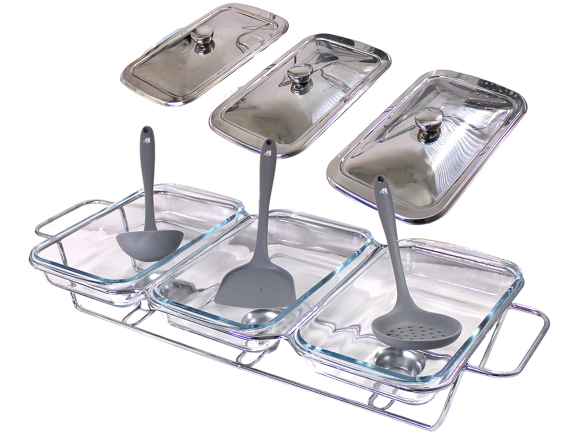 4.5 Liter Triple Pan Glass Chafing Dish with Metal Frame Lids & Silicon Utensils