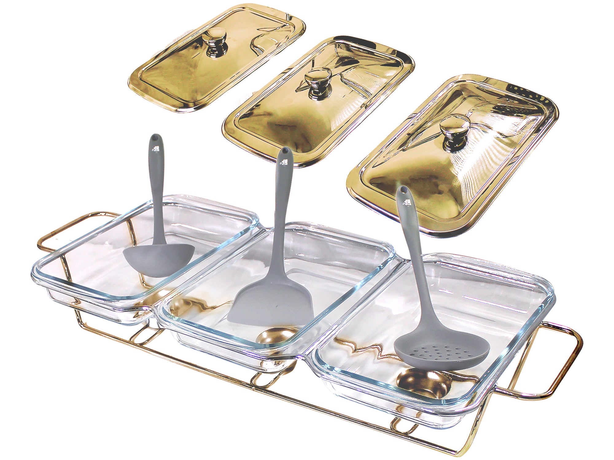 4.5 Liter Triple Pan Glass Chafing Dish with Metal Frame Lids & Silicon Utensils