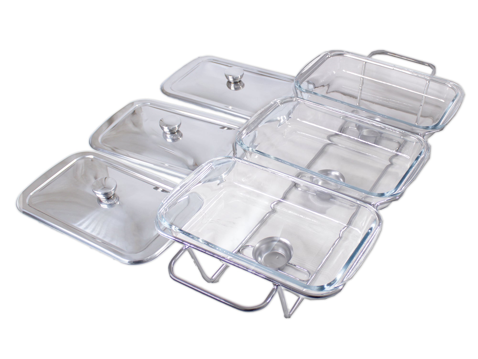 4.5 Liter Triple Pan Glass Chafing Dish with Metal Frame Lids & Silicon Utensils