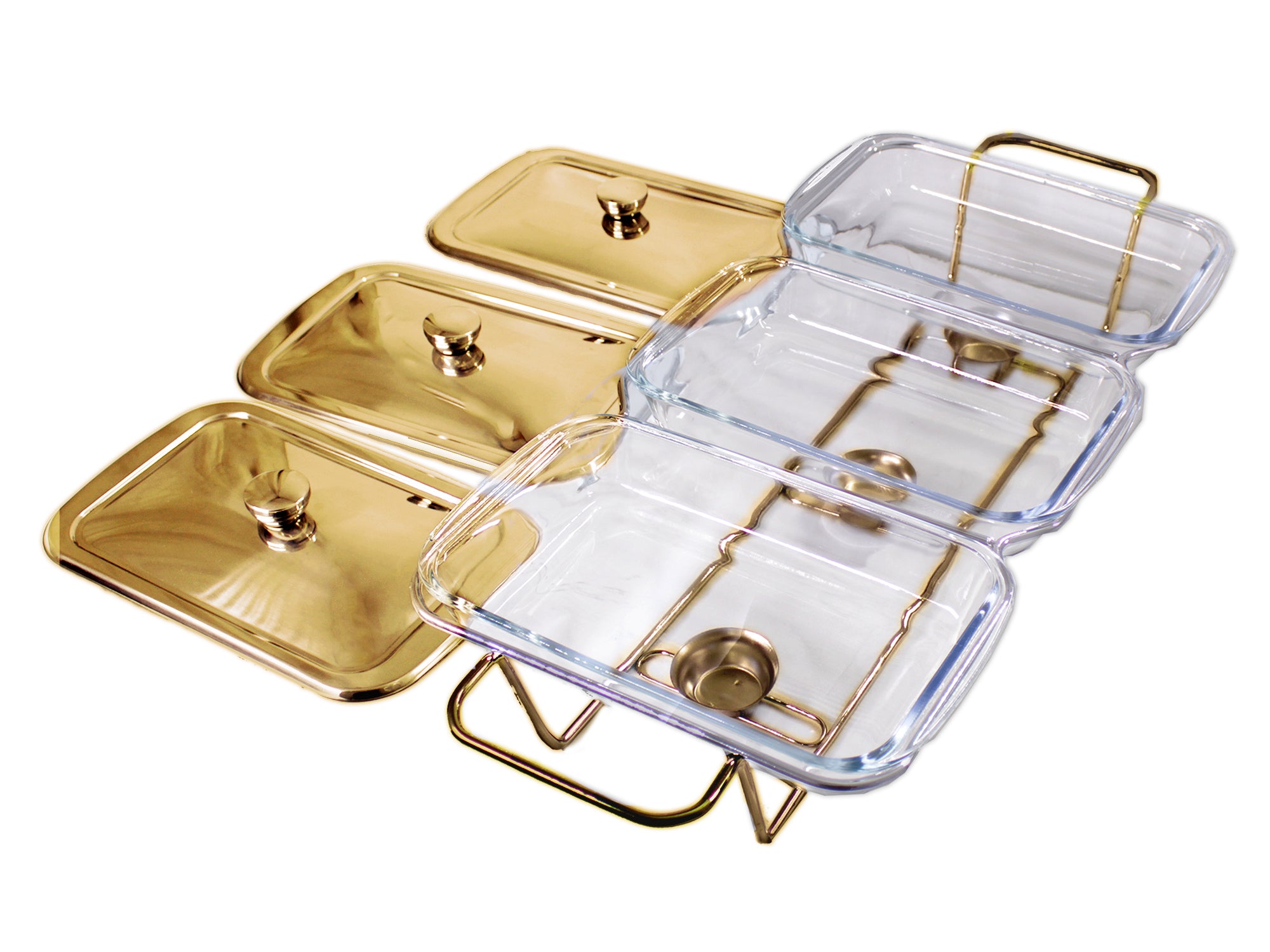 4.5 Liter Triple Pan Glass Chafing Dish with Metal Frame Lids & Silicon Utensils