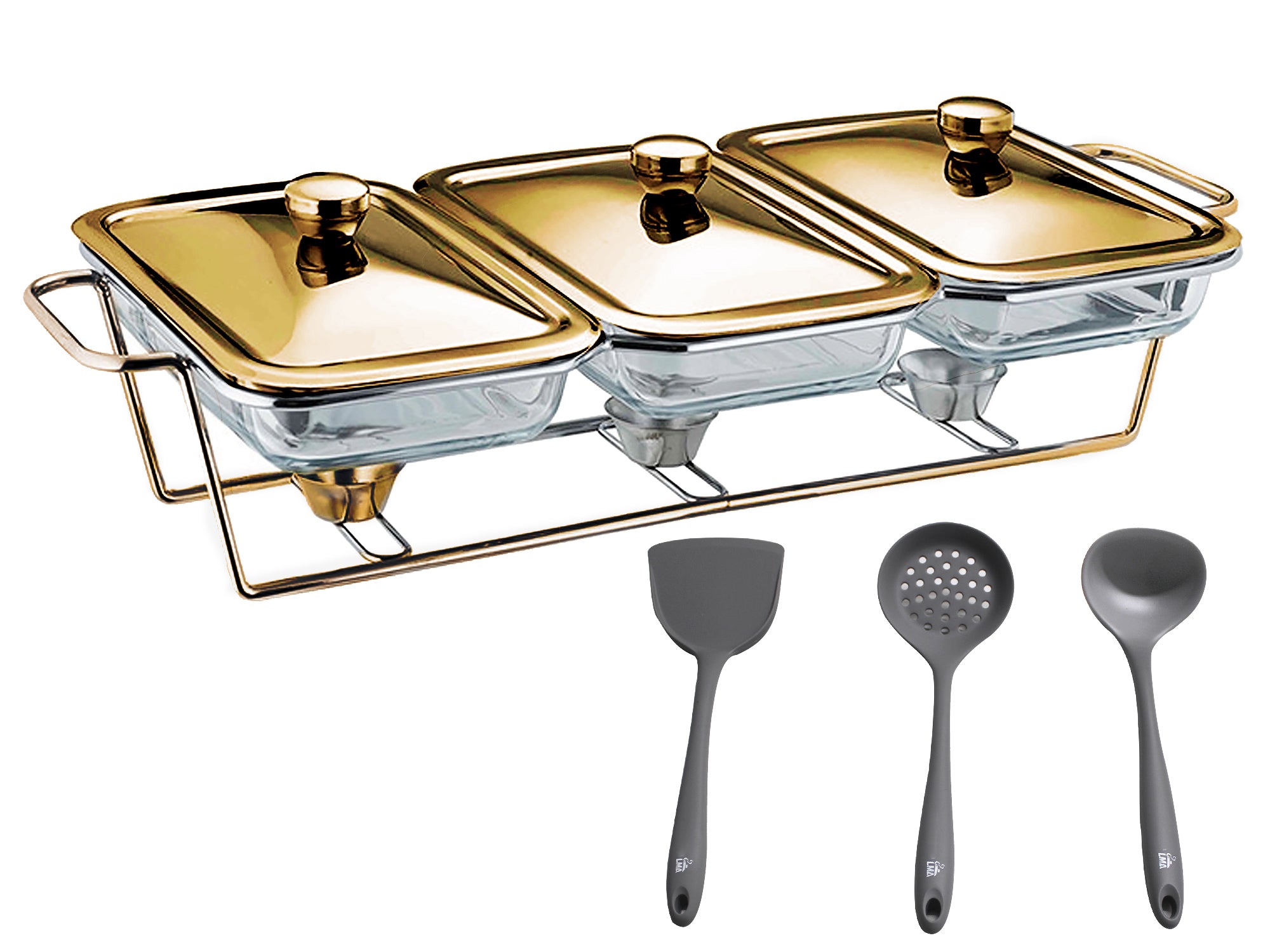 4.5 Liter Triple Pan Glass Chafing Dish with Metal Frame Lids & Silicon Utensils