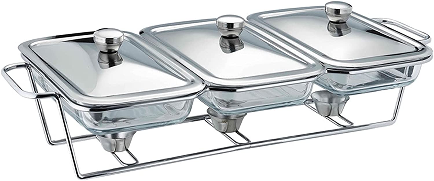 4.5 Liter Triple Pan Glass Chafing Dish with Metal Frame Lids & Silicon Utensils