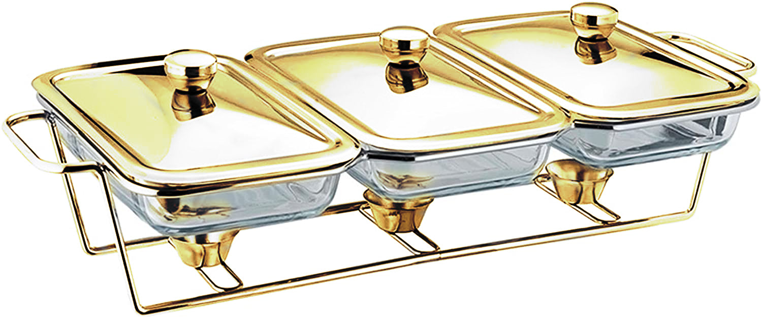 4.5 Liter Triple Pan Glass Chafing Dish with Metal Frame Lids & Silicon Utensils