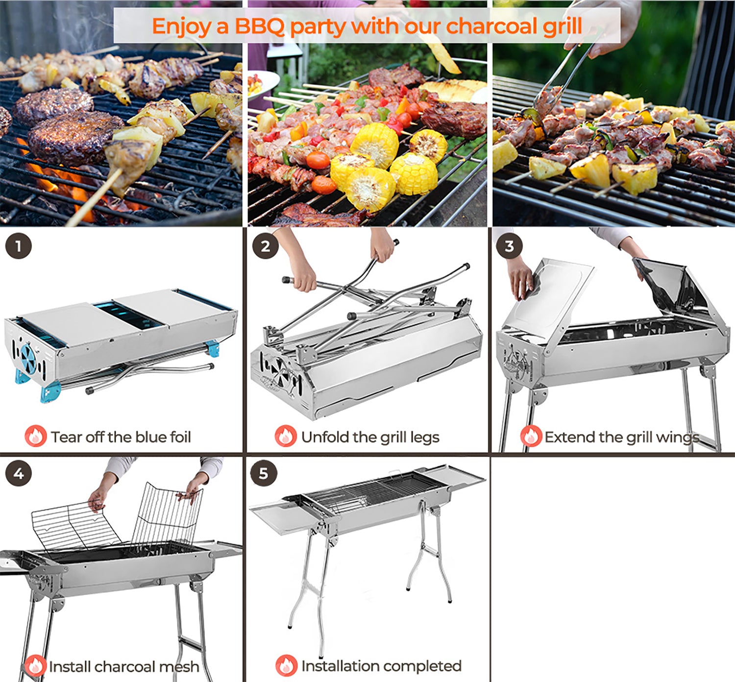 LMA 70x30x75cm Stainless Steel Folding Braai Stand with Seasoning Wings FX-1066