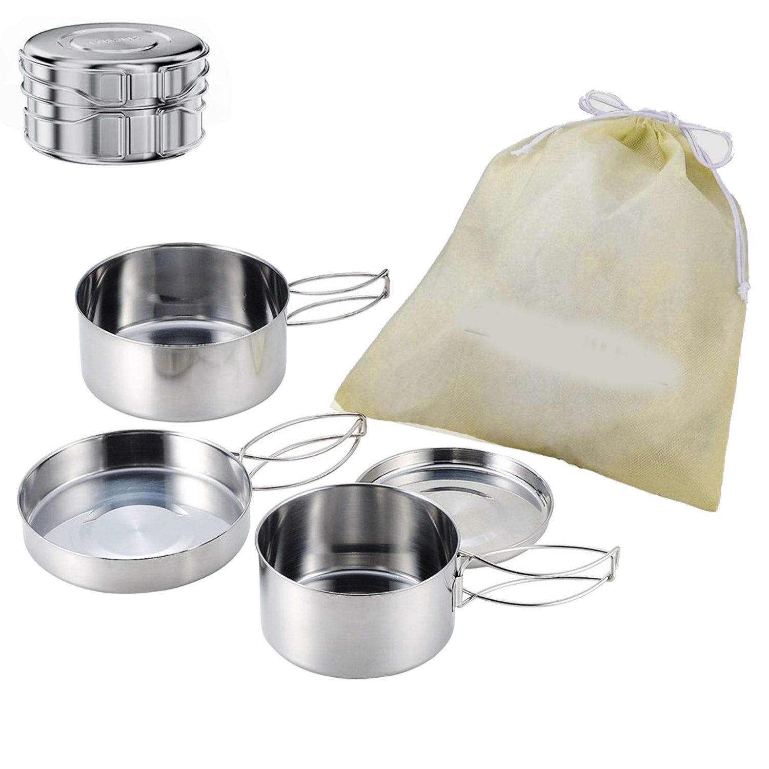 Camping Cookware Set Stainless Steel, 4-Piece Camping Pot Pan Set, 600ml and 900ml, Foldable and Stackable