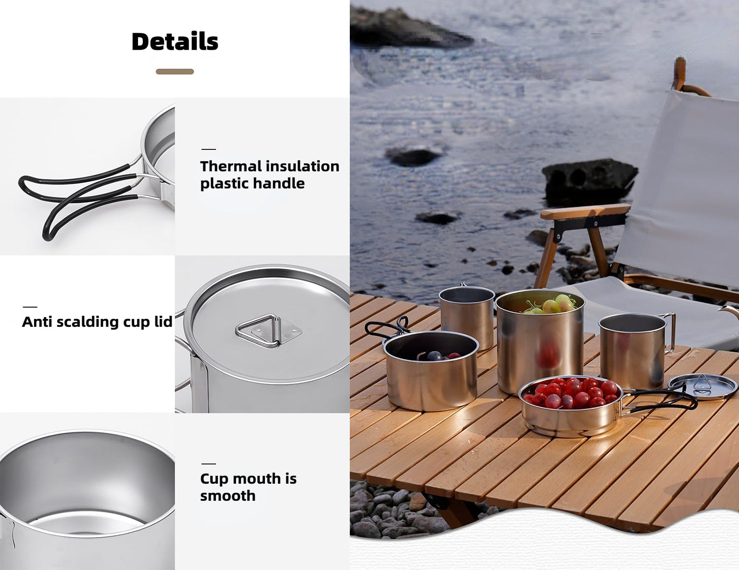 5 Piece S. Steel Stacked Outdoor Pots Pan & Mugs Cookware Set FX-9178