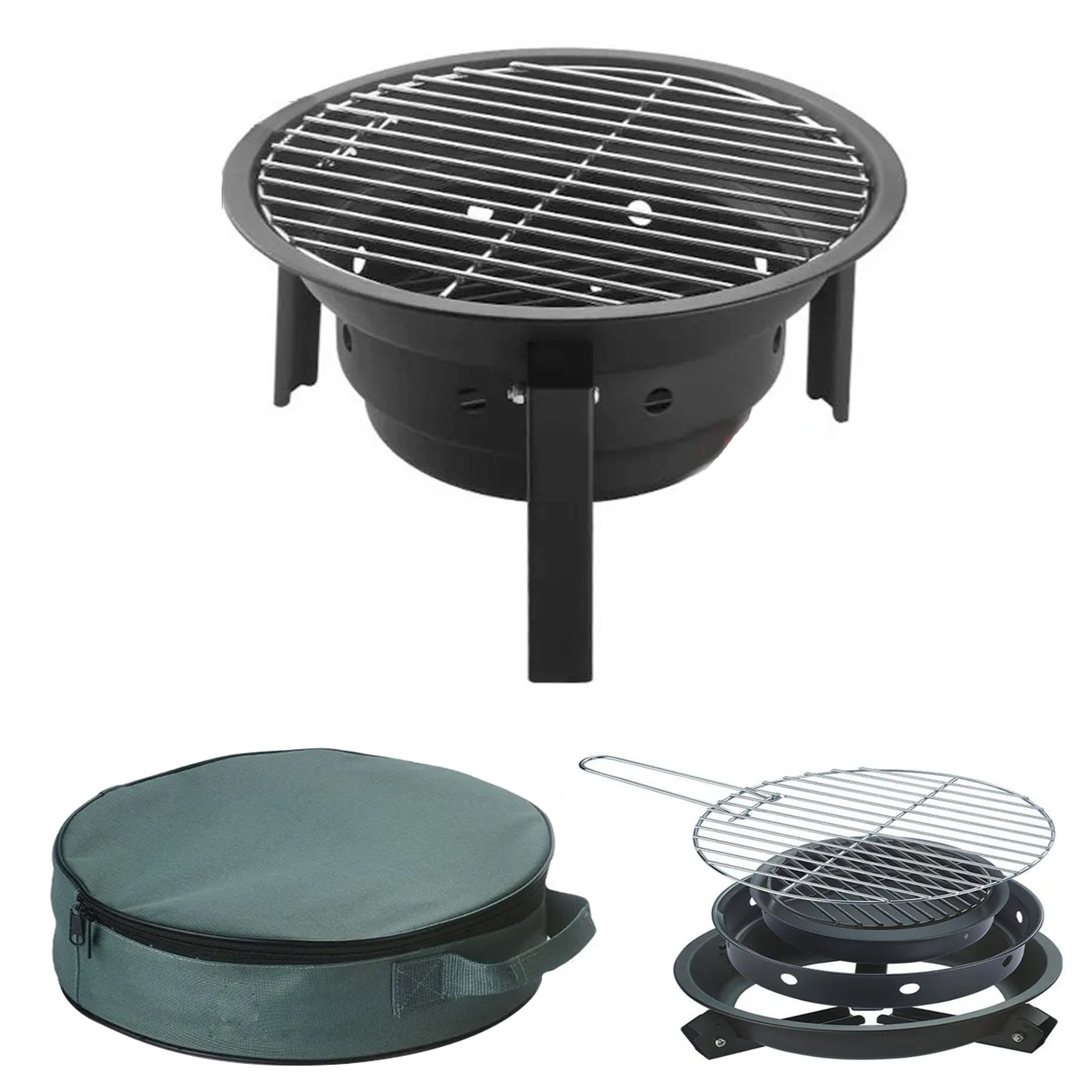 LMA 31cm Portable Round Braai Grill with Braai Grids & Tong Set FX-9202