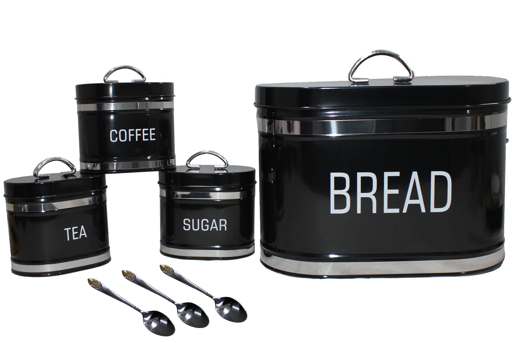 Glossy Oval Double Loaf Bread Bin, 6 Piece Matching Canister and Spoon Set