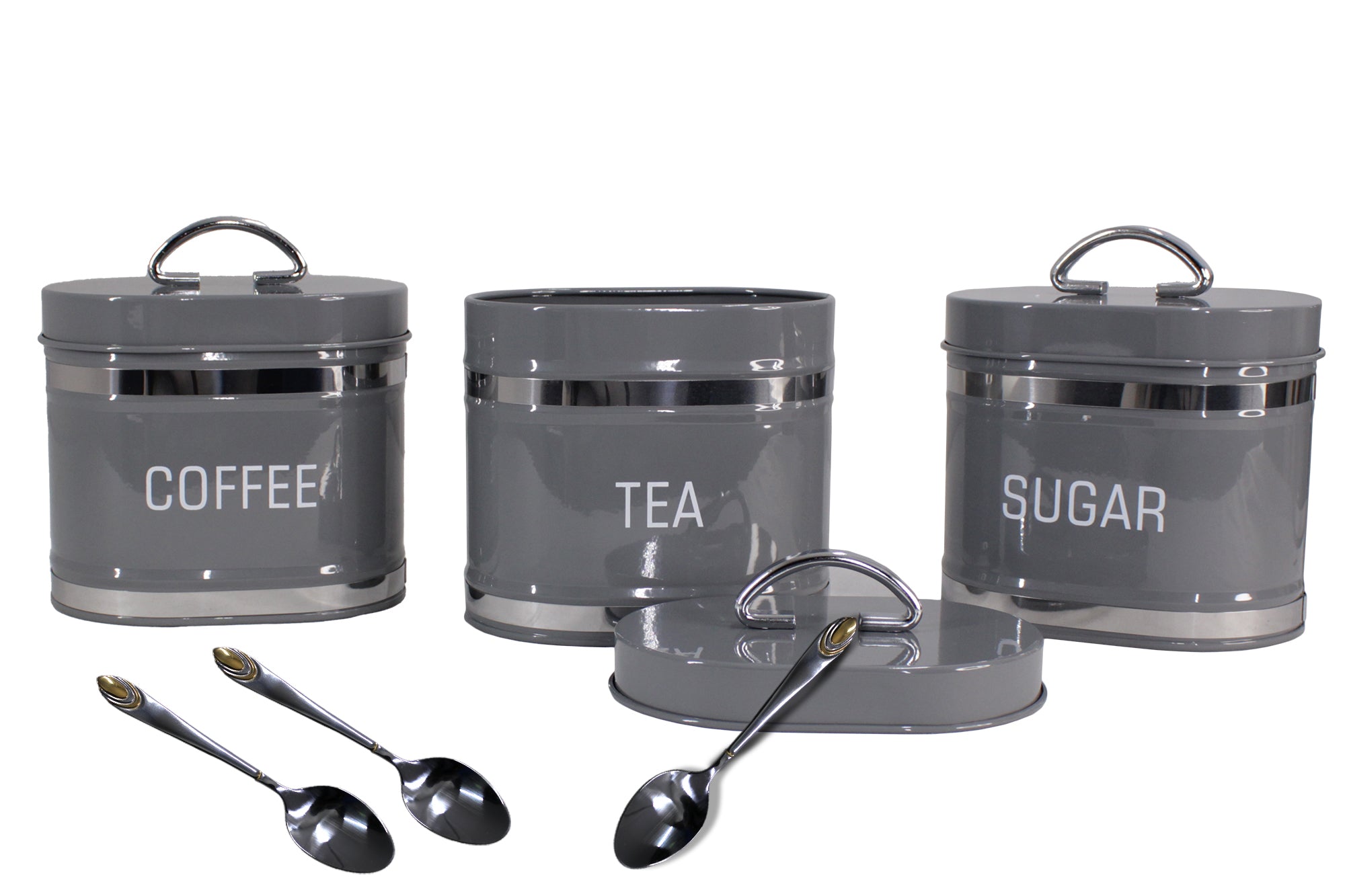 Glossy Oval Double Loaf Bread Bin, 6 Piece Matching Canister and Spoon Set