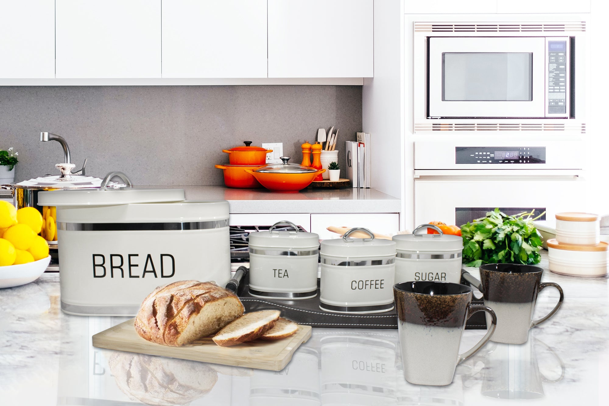 Glossy Oval Double Loaf Bread Bin, 6 Piece Matching Canister and Spoon Set