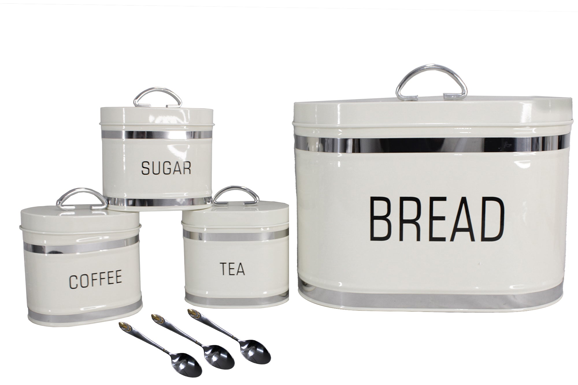 Glossy Oval Double Loaf Bread Bin, 6 Piece Matching Canister and Spoon Set