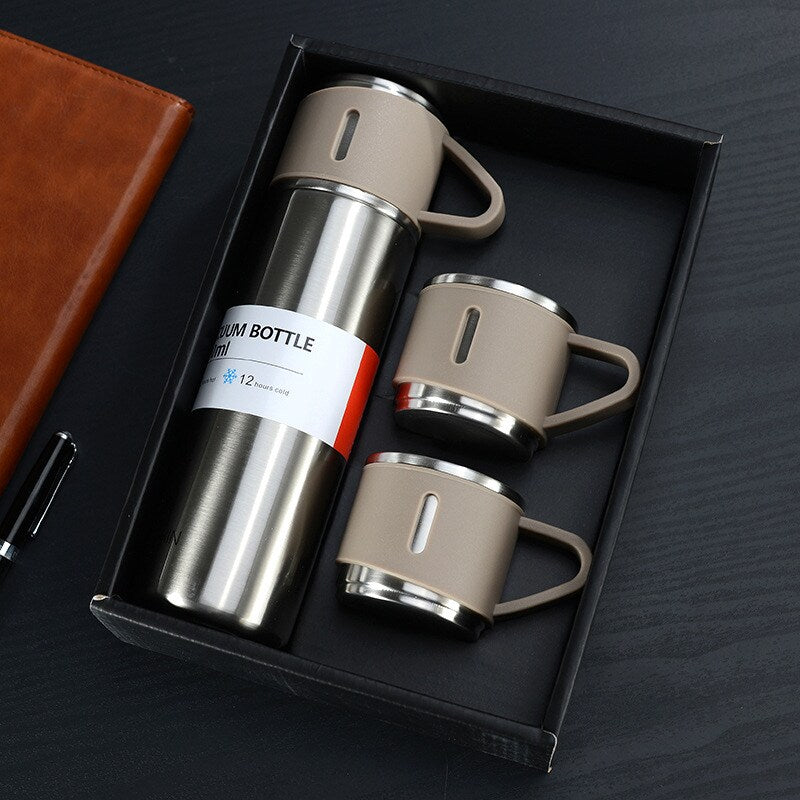 500ml Stainless Steel Double Wall Thermos Vacuum Flask & 3x 180ml Cups