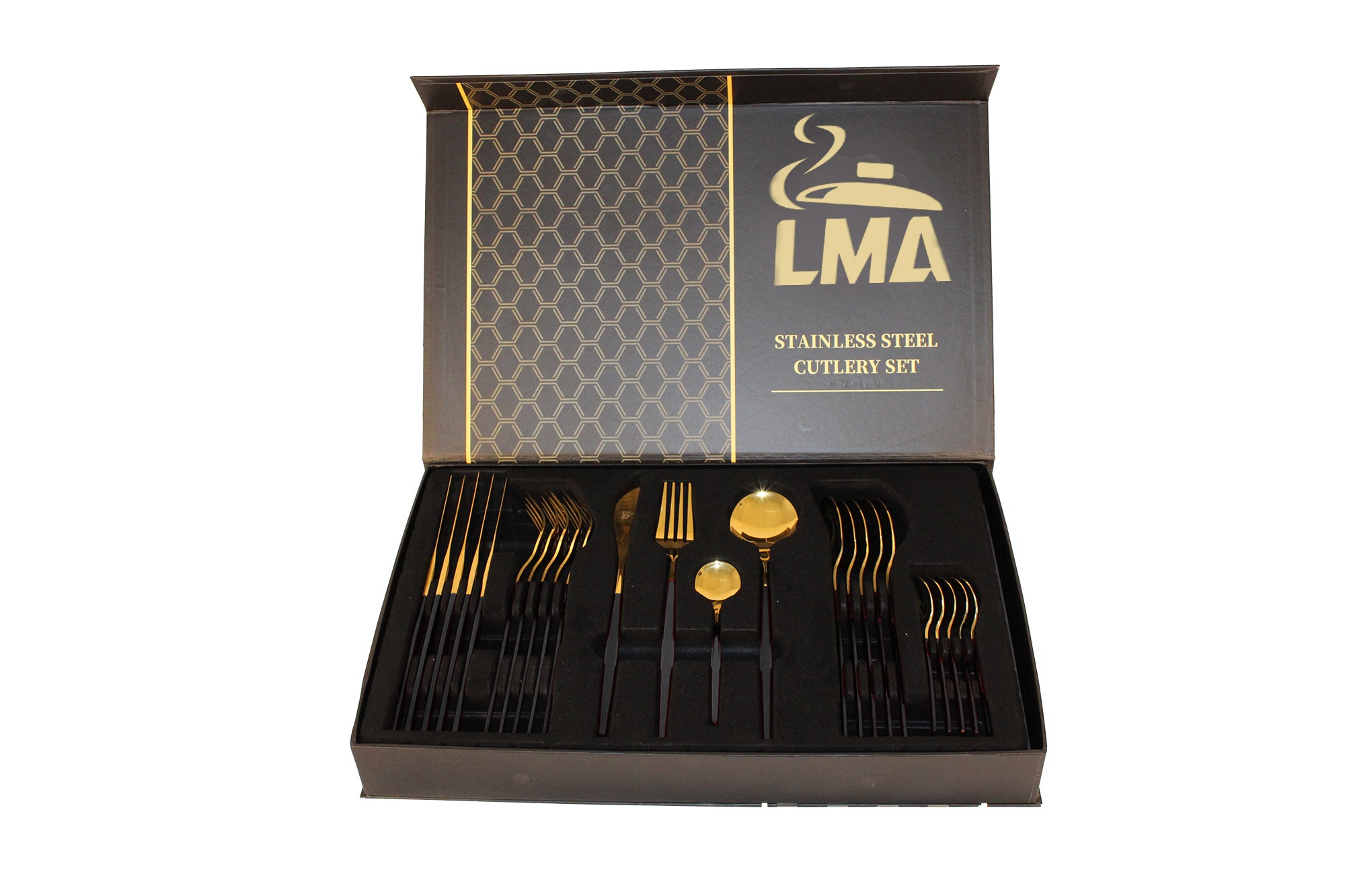 LMA 24 Piece Two-Tone Flatware Set In Elegant Noir Gift Box
