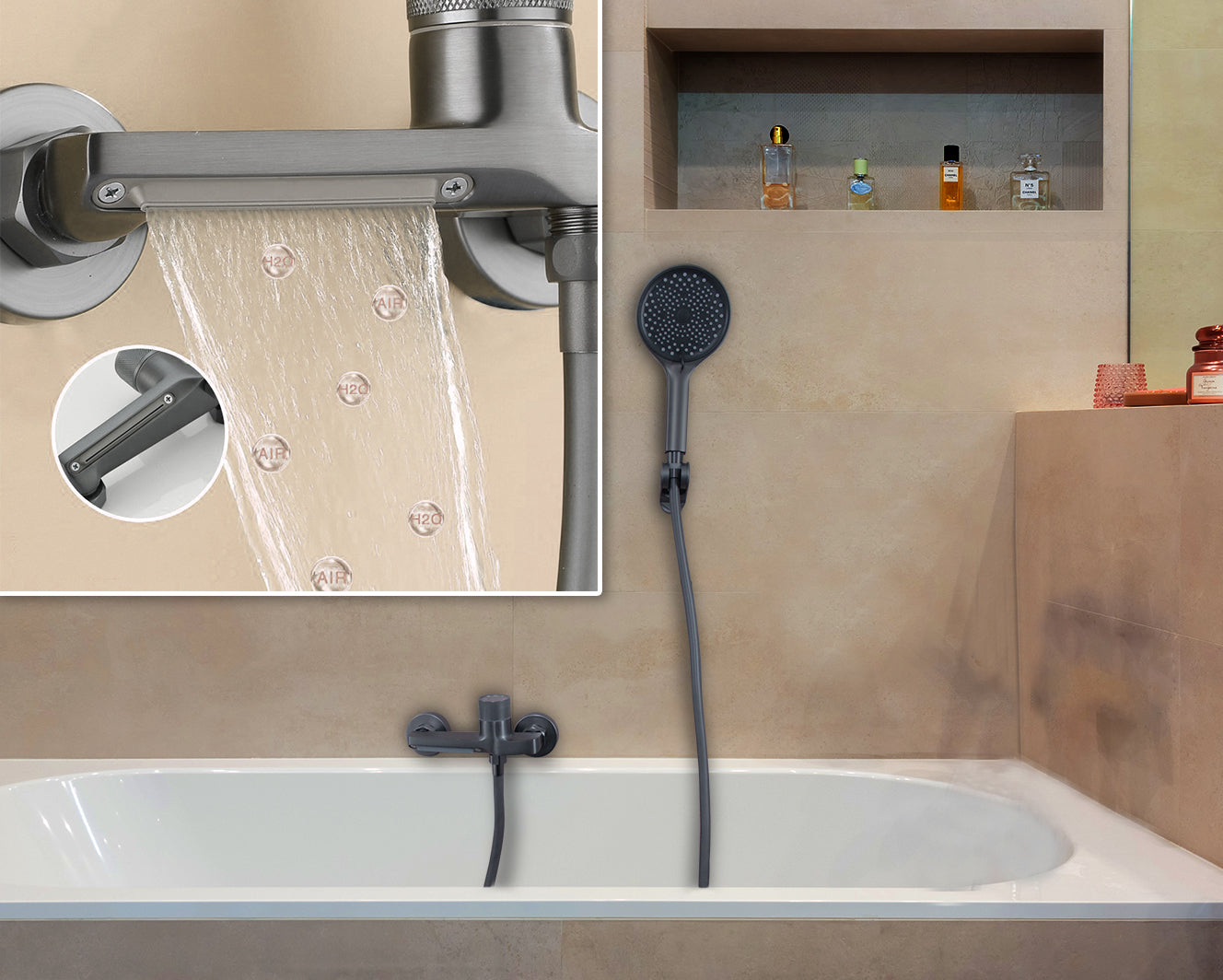 LMA Wall-Mounted Single Knob Waterfall Bathtub Faucet & Pulsing Hand Shower