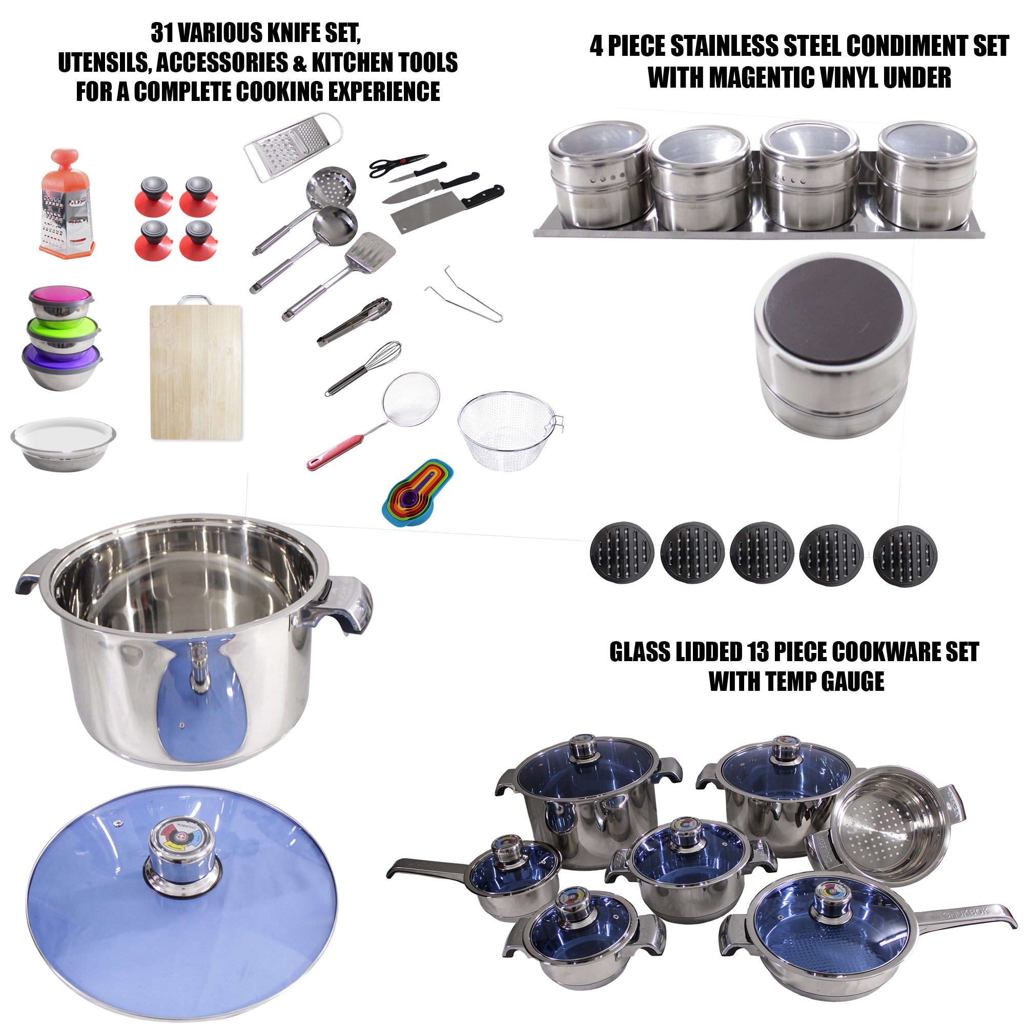56 Pieces Capsuled Glass-Lid S. Steel Pot Set & Kitchen Accessories