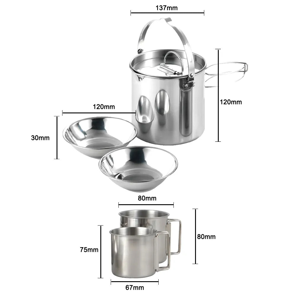5 Piece Stainless Steel Stacked Camping Cookware Pot Cups & Bowls FX-9115-7