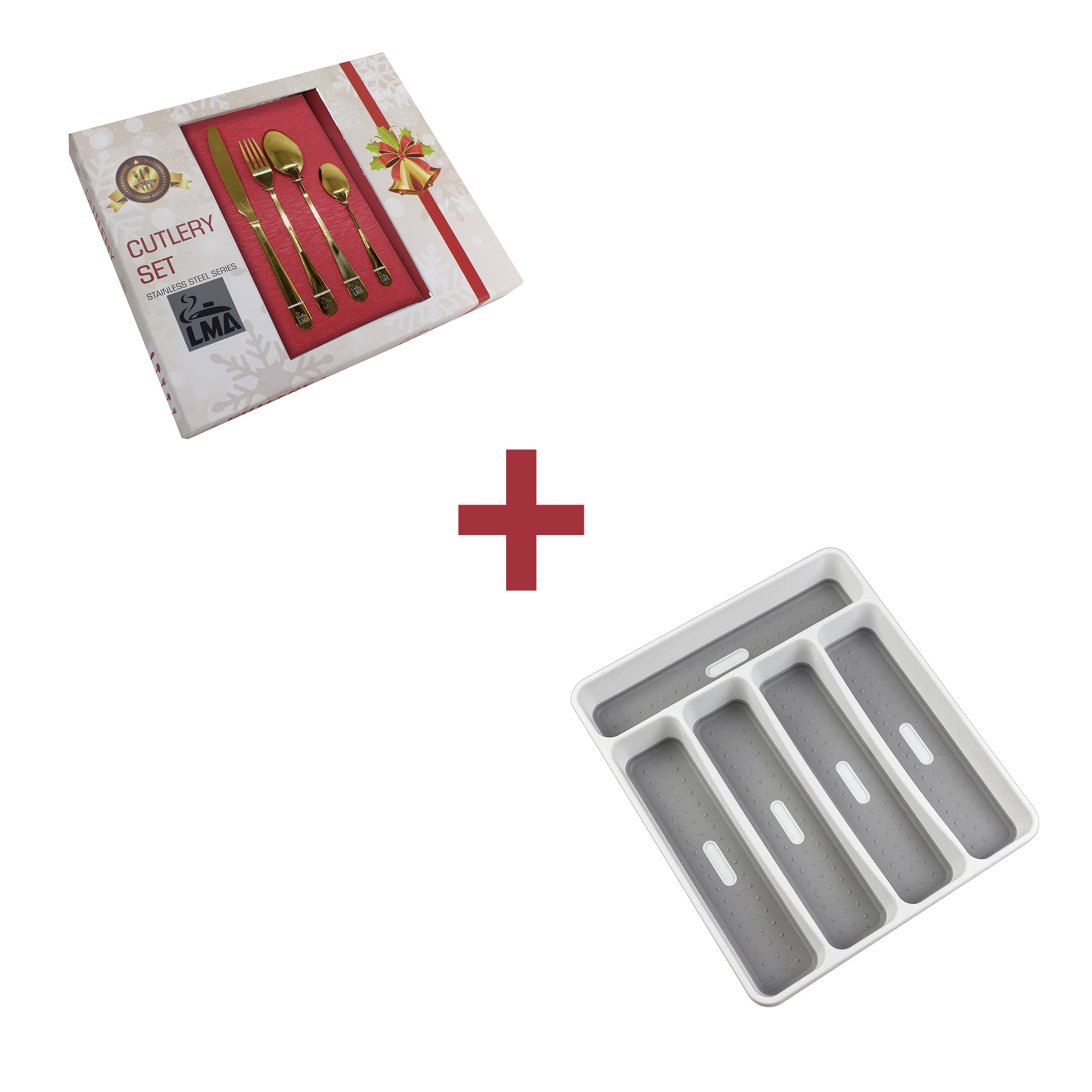 Festive 24 Piece Cutlery Set & Drawer Organiser Bundle Pack