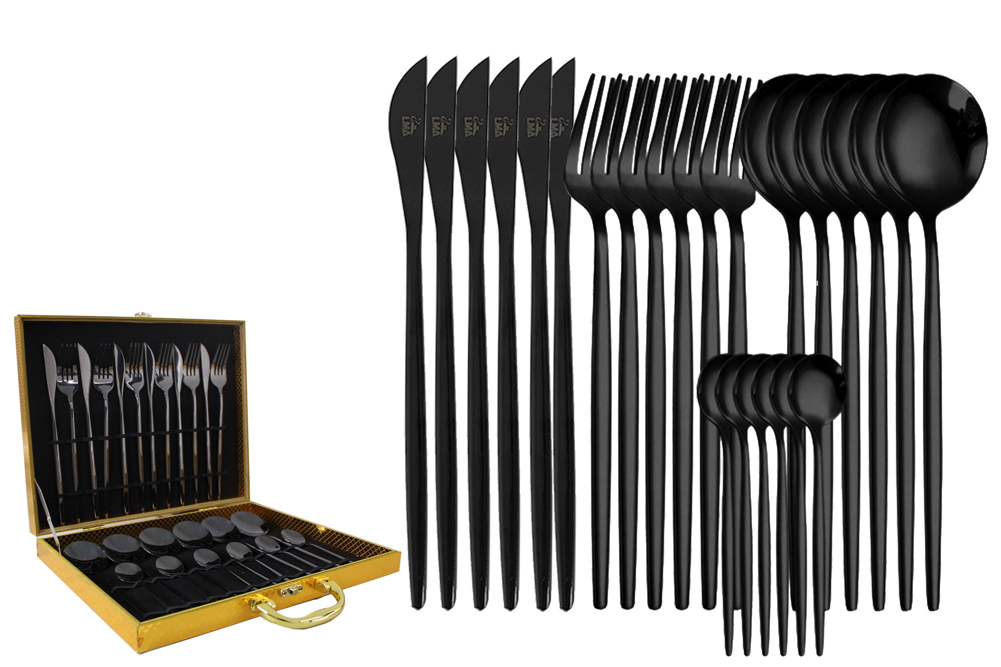 LMA Authentic Flatware Dinner Set & Decadent Wooden Gift Box - 24 Piece