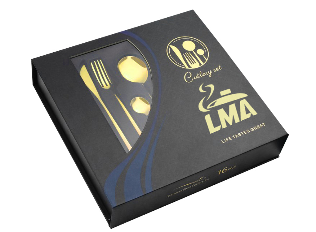 16 Piece LMA Stainless Steel Flatware Set & Noir Gift Box