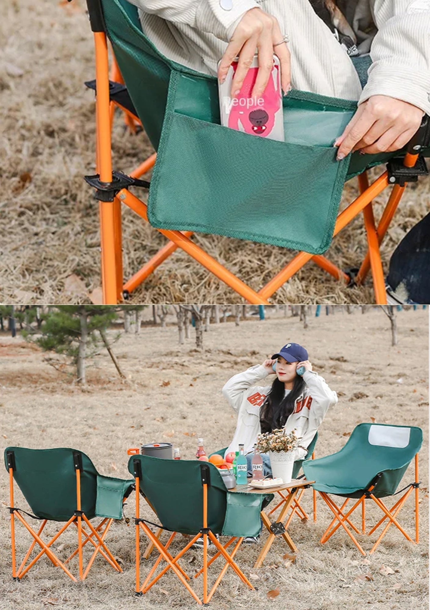 Half Moon Metal Frame Folding Camping Chair with Side & Back Pocket