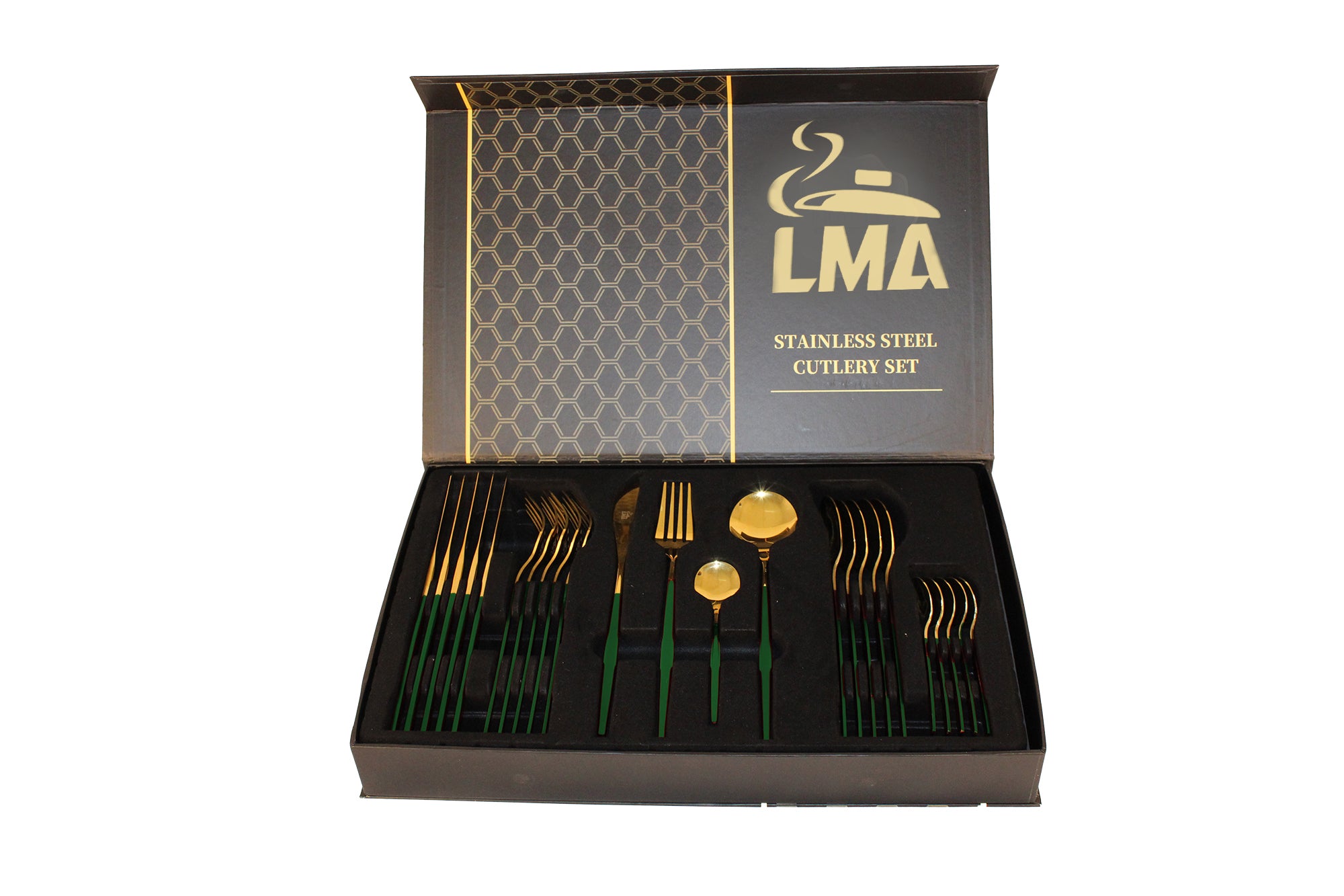 LMA 24 Piece Two-Tone Flatware Set In Elegant Noir Gift Box