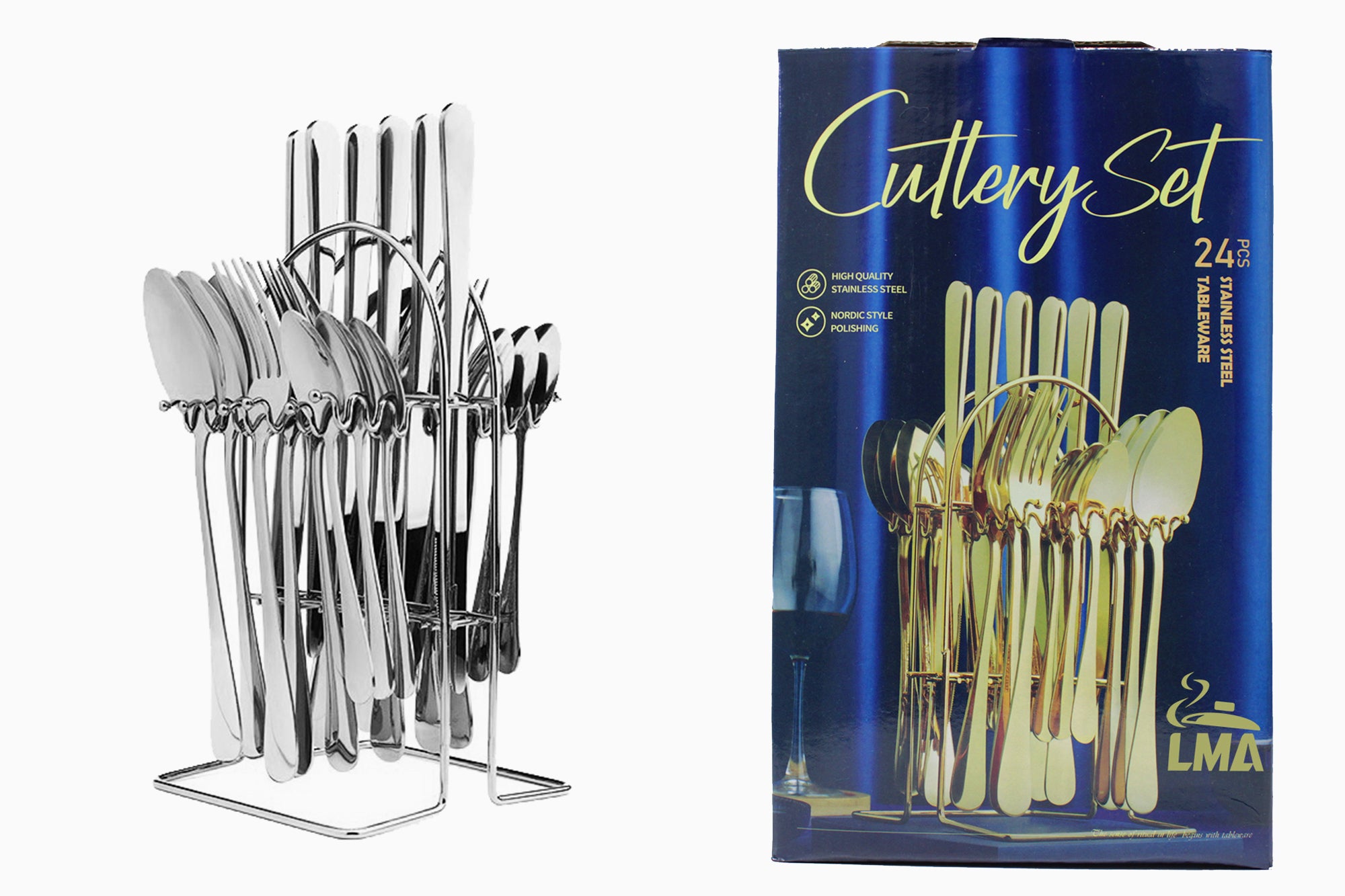 24 Piece LMA Authentic Branded Stainless Hanging Cutlery Dinner Set & Stand