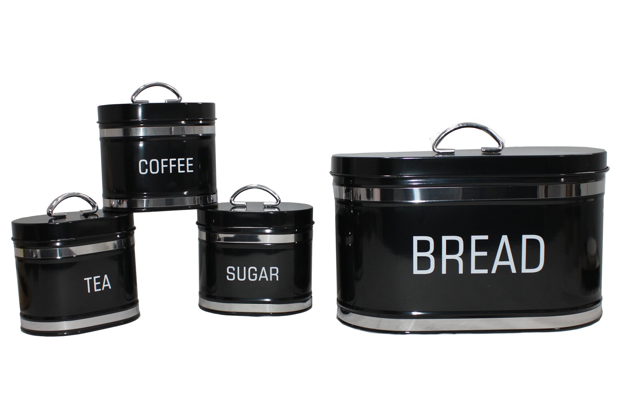 Oval 4 Piece Stainless Steel Bread Bin & Tea Coffee & Sugar Canister Set