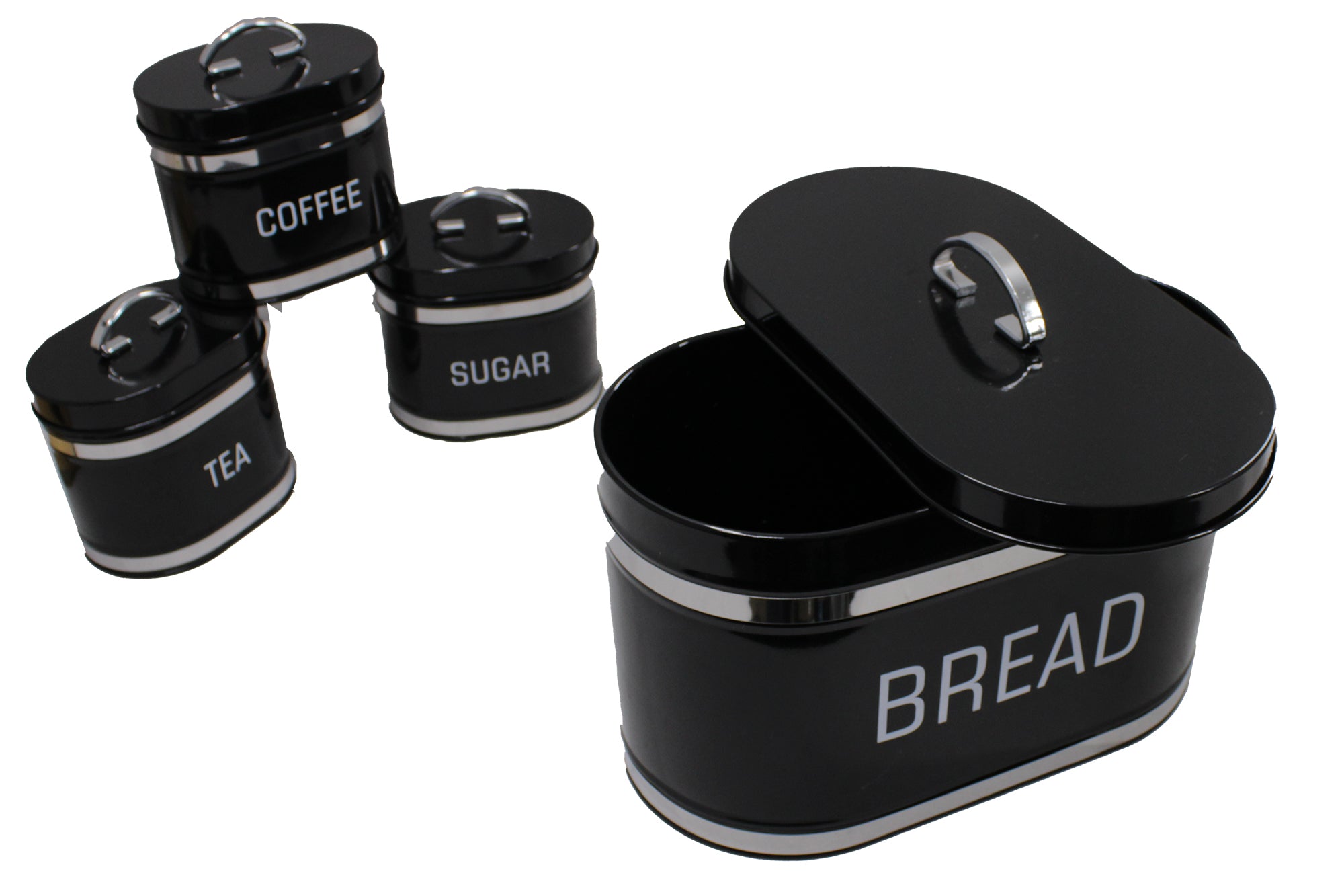 Oval 4 Piece Stainless Steel Bread Bin & Tea Coffee & Sugar Canister Set