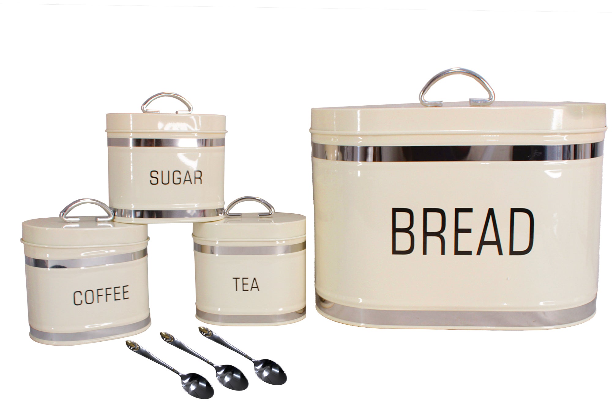 Glossy Oval Double Loaf Bread Bin, 6 Piece Matching Canister and Spoon Set