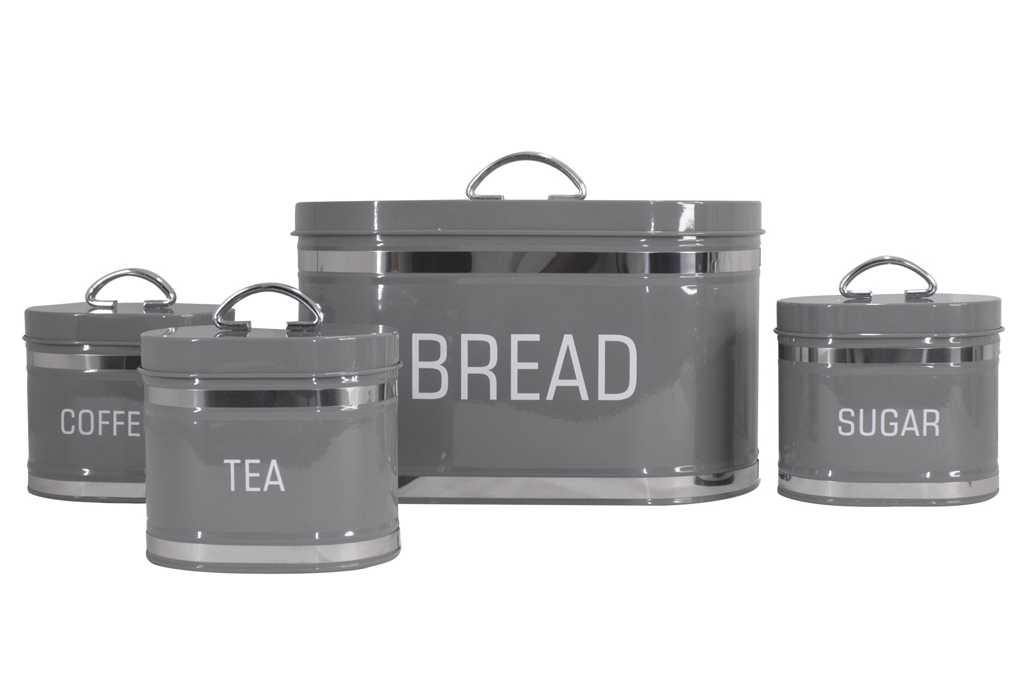 Oval 4 Piece Stainless Steel Bread Bin & Tea Coffee & Sugar Canister Set