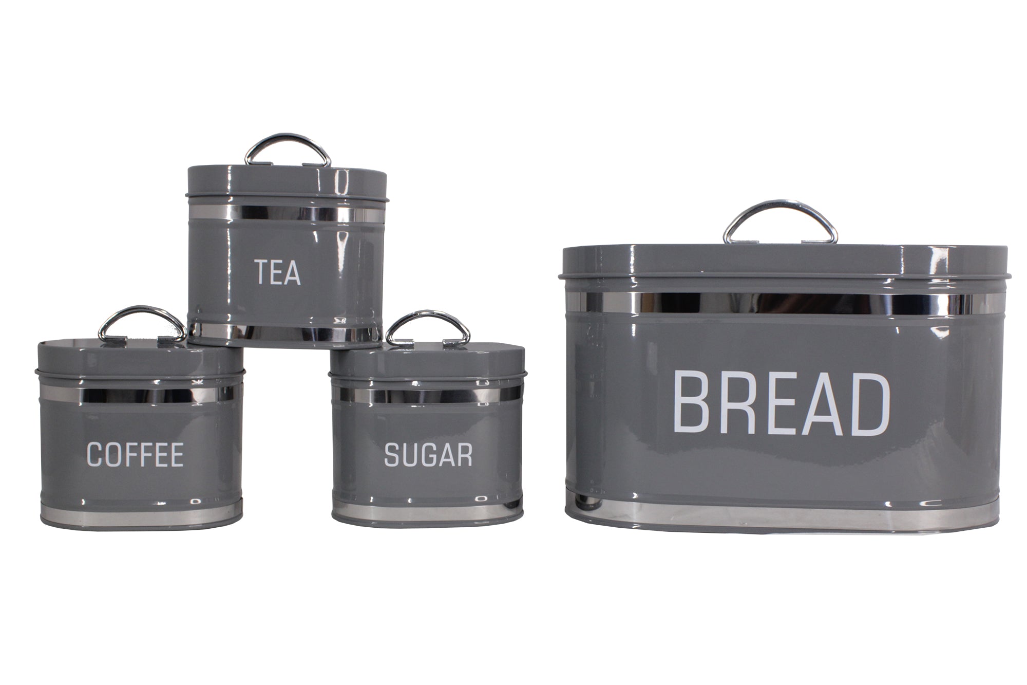 Oval 4 Piece Stainless Steel Bread Bin & Tea Coffee & Sugar Canister Set