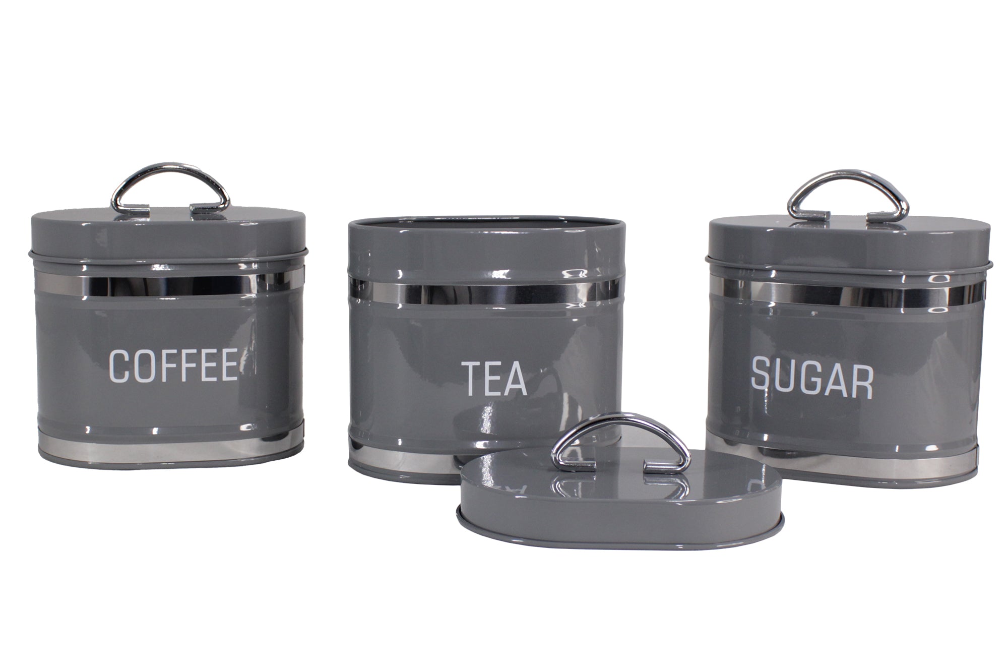 Oval 4 Piece Stainless Steel Bread Bin & Tea Coffee & Sugar Canister Set