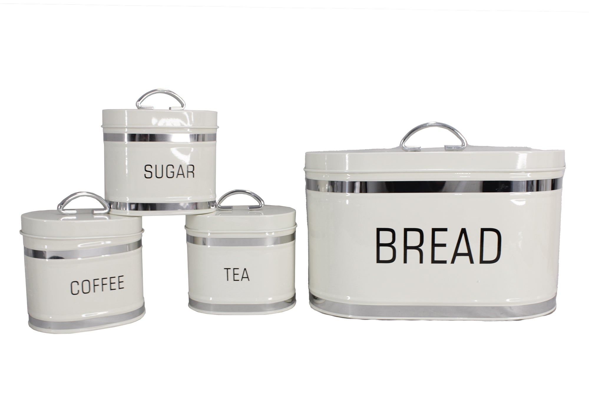 Oval 4 Piece Stainless Steel Bread Bin & Tea Coffee & Sugar Canister Set