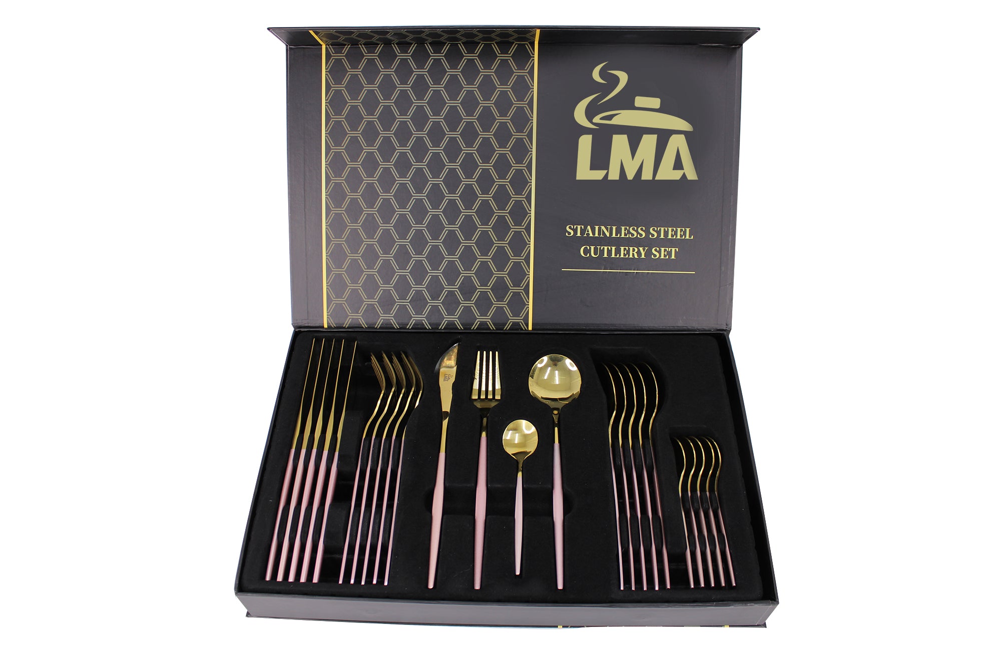 LMA 24 Piece Two-Tone Flatware Set In Elegant Noir Gift Box
