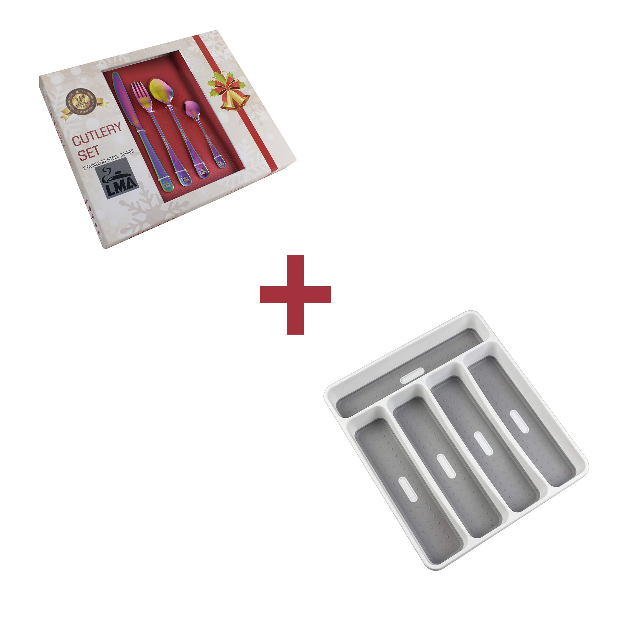 Festive 24 Piece Cutlery Set & Drawer Organiser Bundle Pack