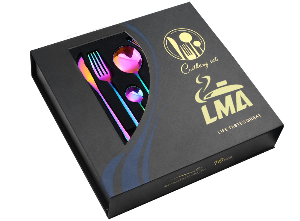 16 Piece LMA Stainless Steel Flatware Set & Noir Gift Box